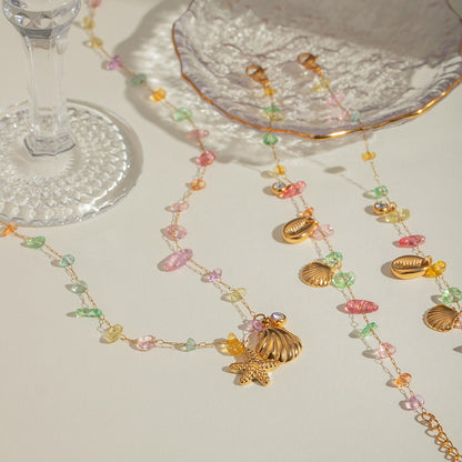 18K Gold Pastel Color Shell Starfish Beaded Charm Necklace