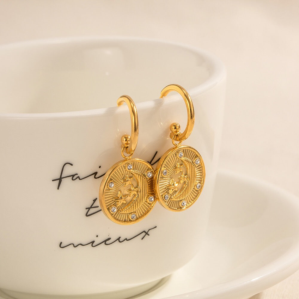 18K Gold Celestial Coin Huggie Earrings with Charm