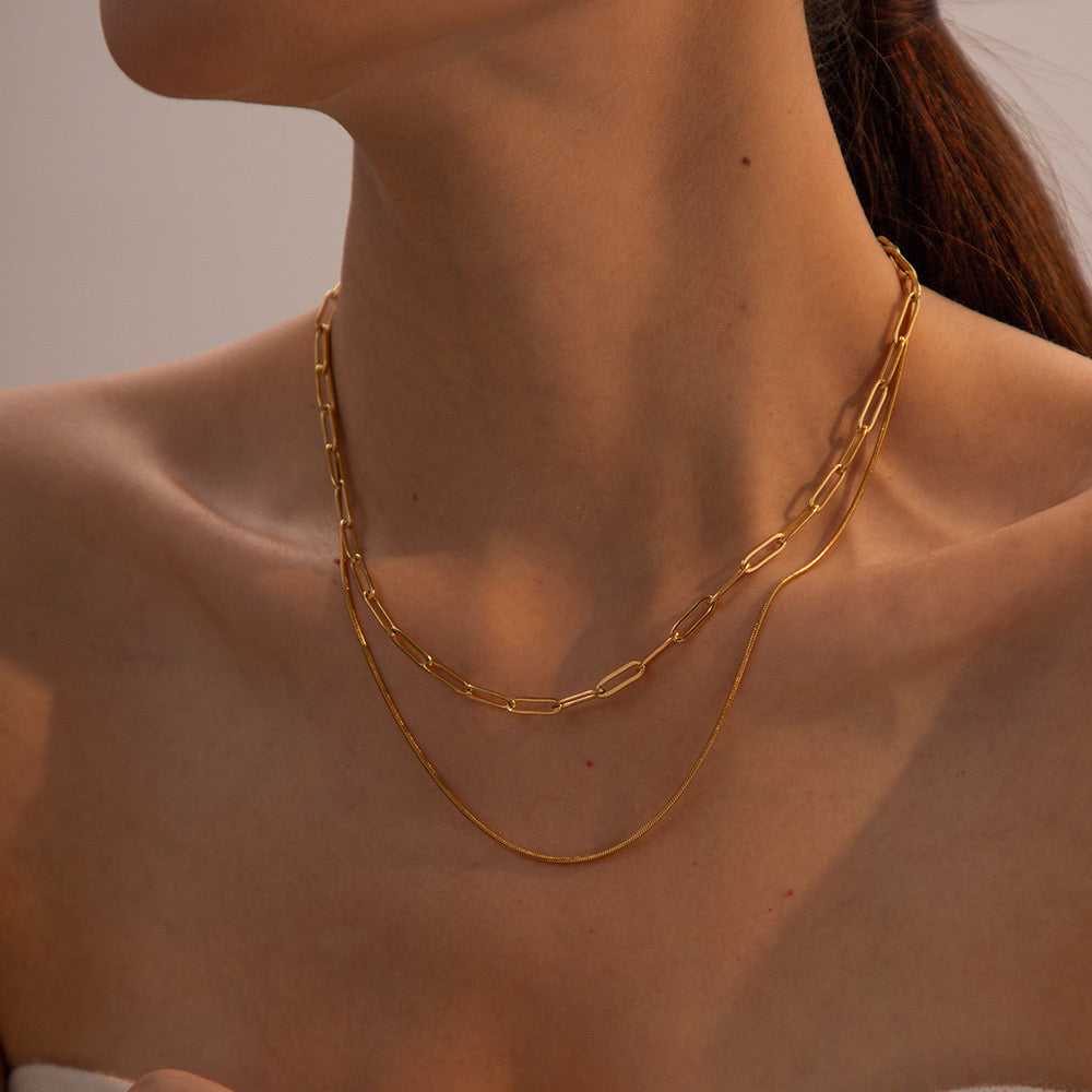 18K Gold Paperclip Chain Dainty Layered Necklace Set