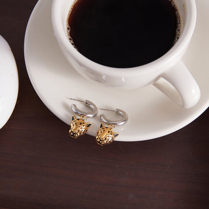 18K Gold and Silver Two Tone Savage Chic Leopard Dangle Hoop Earrings