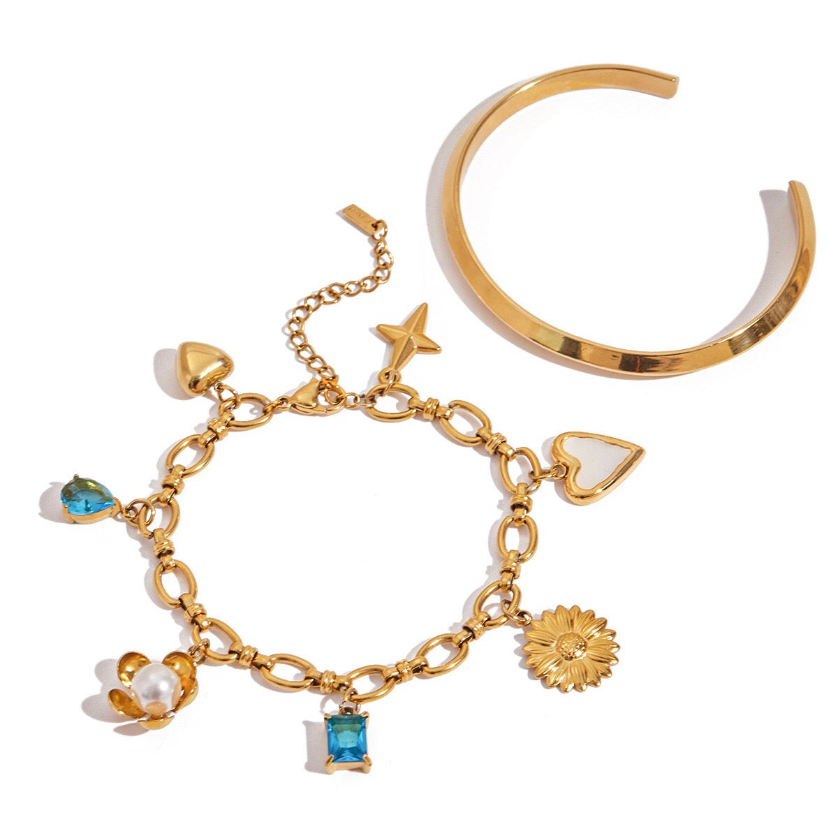 18K Gold Ocean Blue Charm Bracelet Sleek Bangle Stack