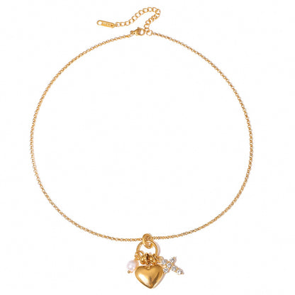 18K Gold Sinfully Yours Heart Cross Pearl Charm Necklace
