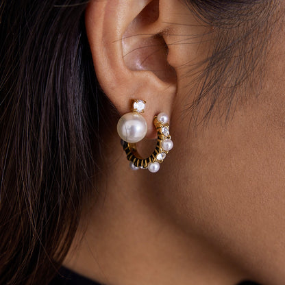 18K Gold Bling Pearl Small Hoop Huggie Earrings