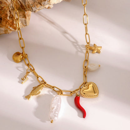 18K Gold Summer Beach Pearl Italian Horn Charm Necklace