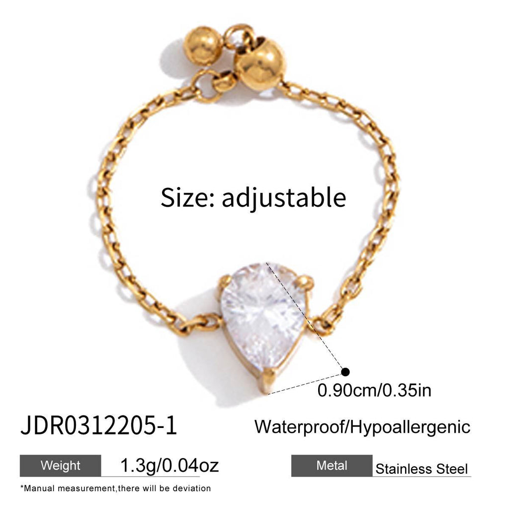 18K Gold Spark Drop Heart Clover Flower Adjustable Chain Ring