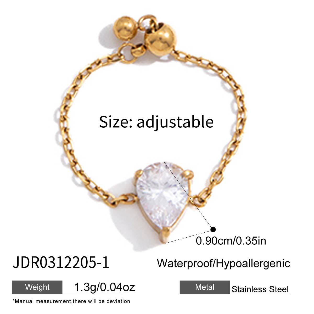 18K Gold Spark Drop Heart Clover Flower Adjustable Chain Ring
