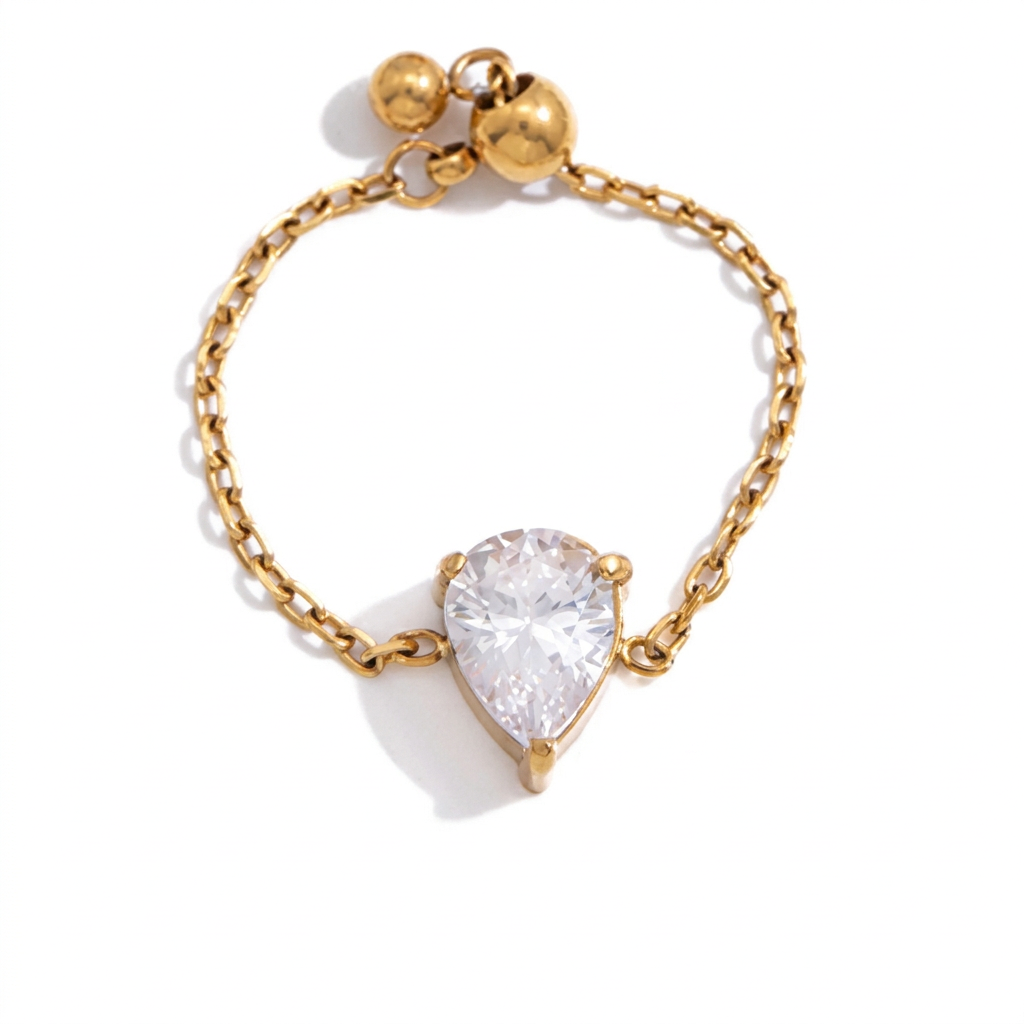 18K Gold Spark Drop Heart Clover Flower Adjustable Chain Ring
