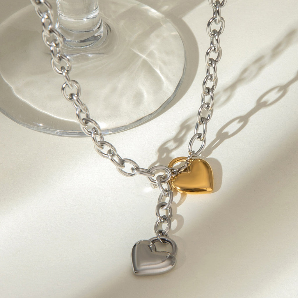 18K Gold and Silver Two Tone Love Locked Heart Cable Chain Toggle Necklace