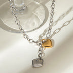 18K Gold and Silver Two Tone Love Locked Heart Cable Chain Toggle Necklace