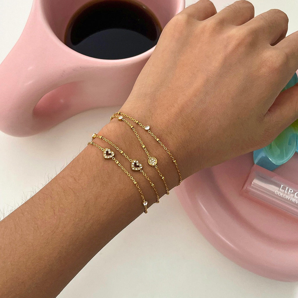 18K Gold Moonkiss Double Chain Heart Dainty Bracelet Stacks