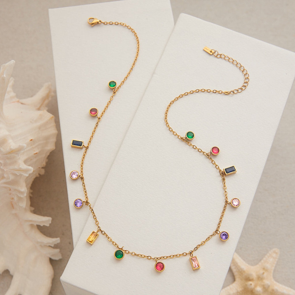18K Gold Fairy Color Gemstone Dainty Chain Necklace