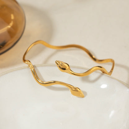 18K Gold Wavy Snake Silm Cuff Bangle Bracelet