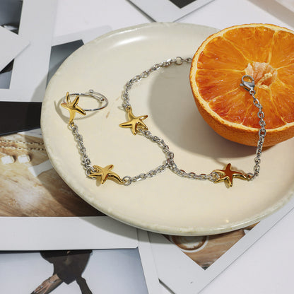 18K Gold Silver Two Tone Waterproof Starfish Hand Jewelry Chain Bracelet