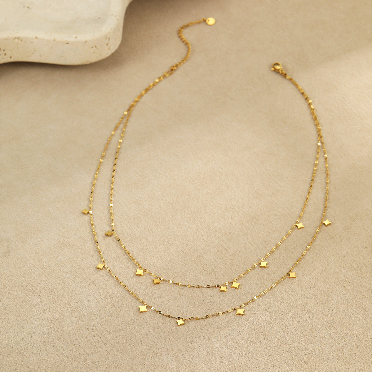 18K Gold Star Sprinkled Double Chain Dainty Layered Necklace Set