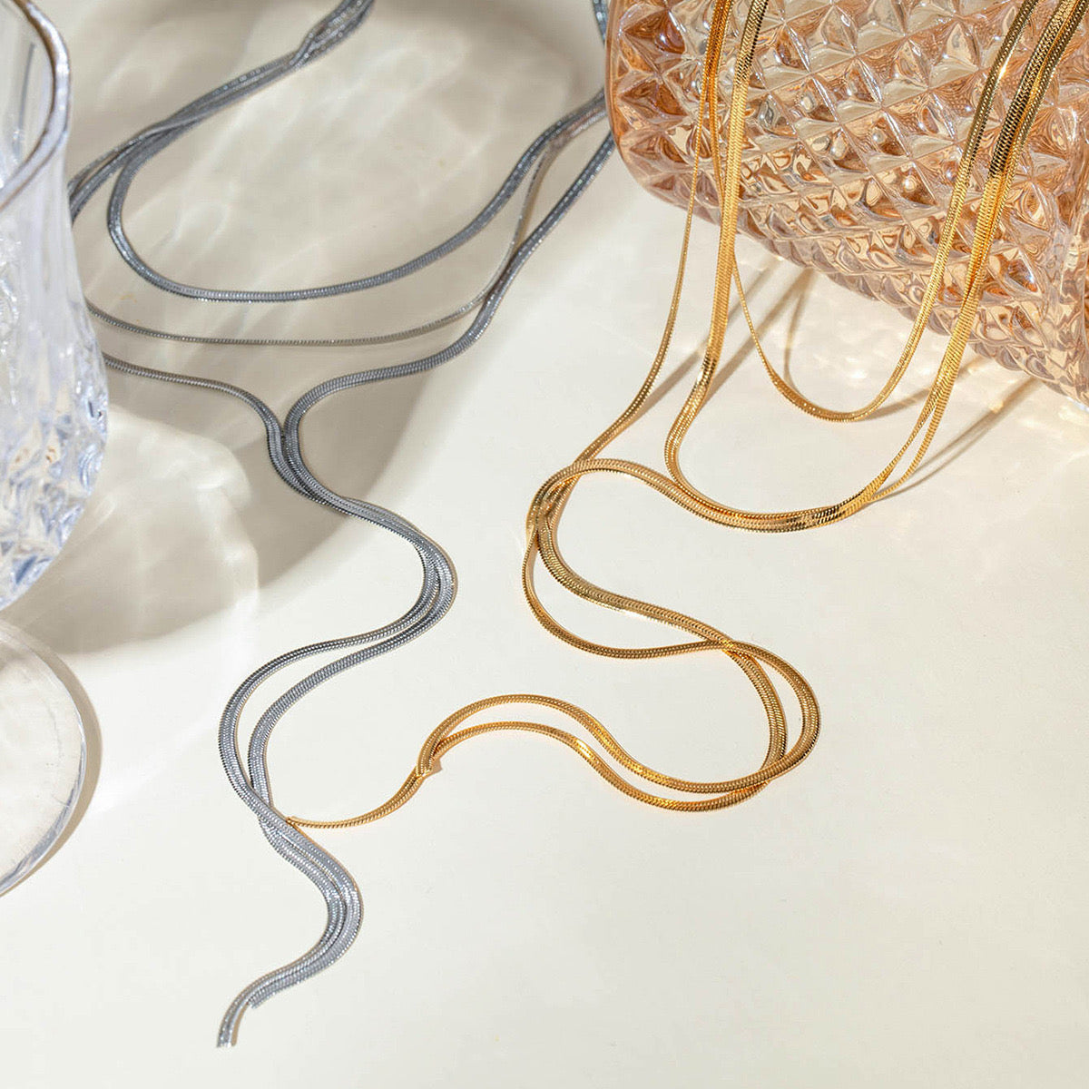 18K Gold Herringbone Chain Layered Lariat Necklace