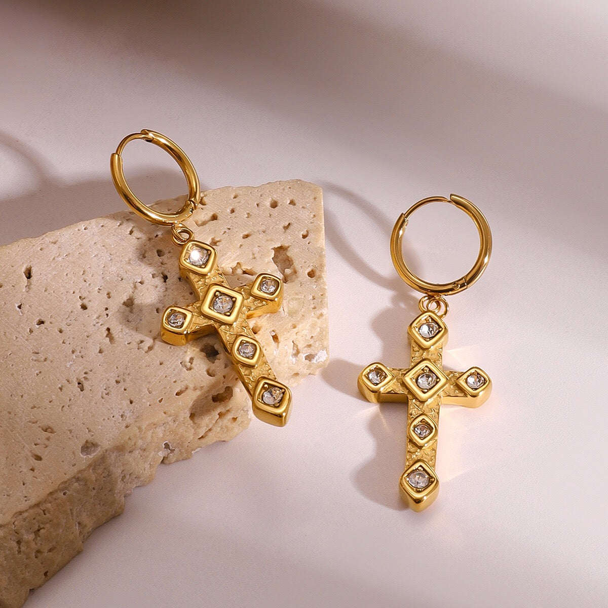 18K Gold Bling Cross Huggie Earrings with Charm