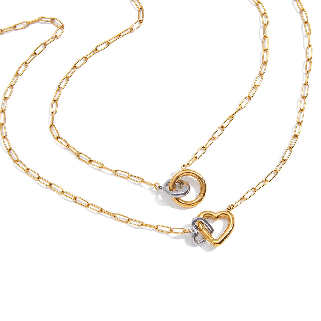 18K Gold and Silver Two Tone Linked Heart Charm Necklace