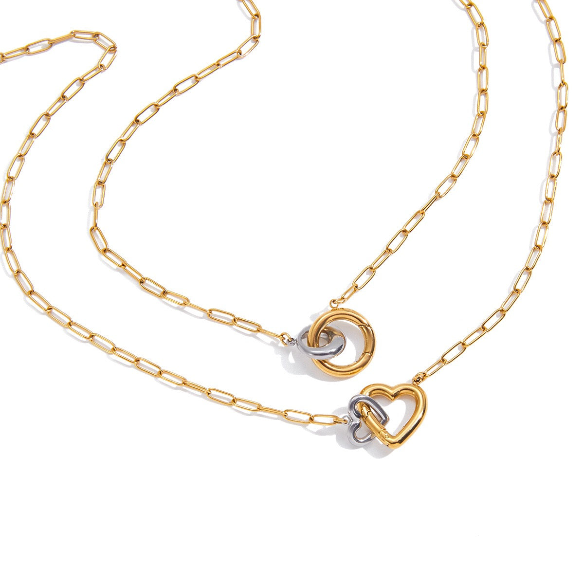 18K Gold and Silver Two Tone Linked Heart Charm Necklace