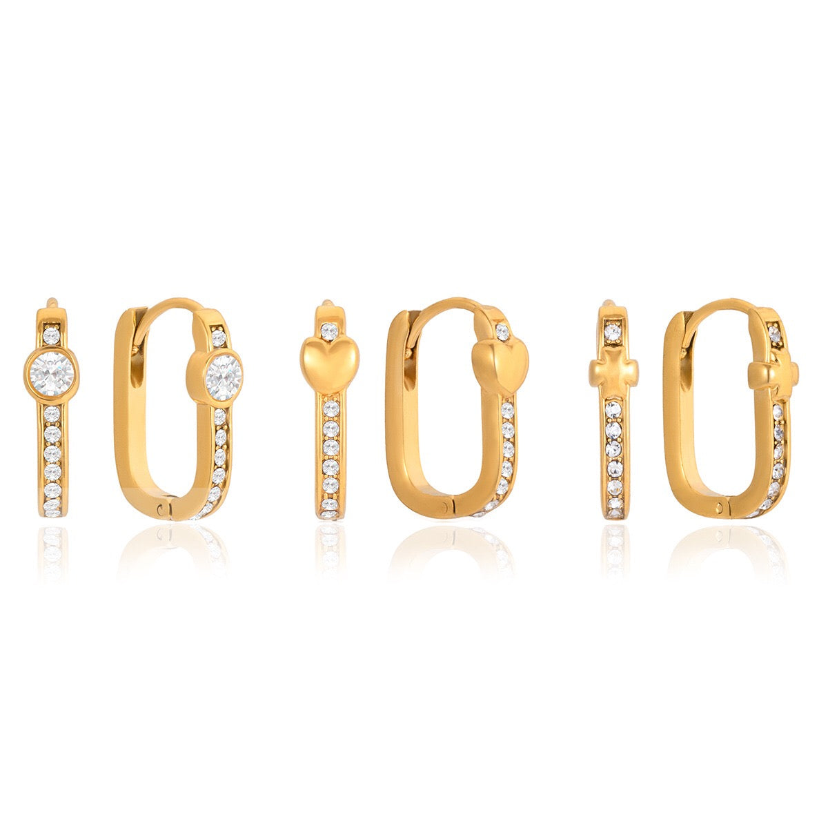 18K Gold Iced Frame Heart Small Rectangle Hoop Huggie Earrings