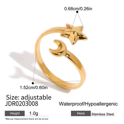 18K Gold Star and Moon Two Tone Silver Ring