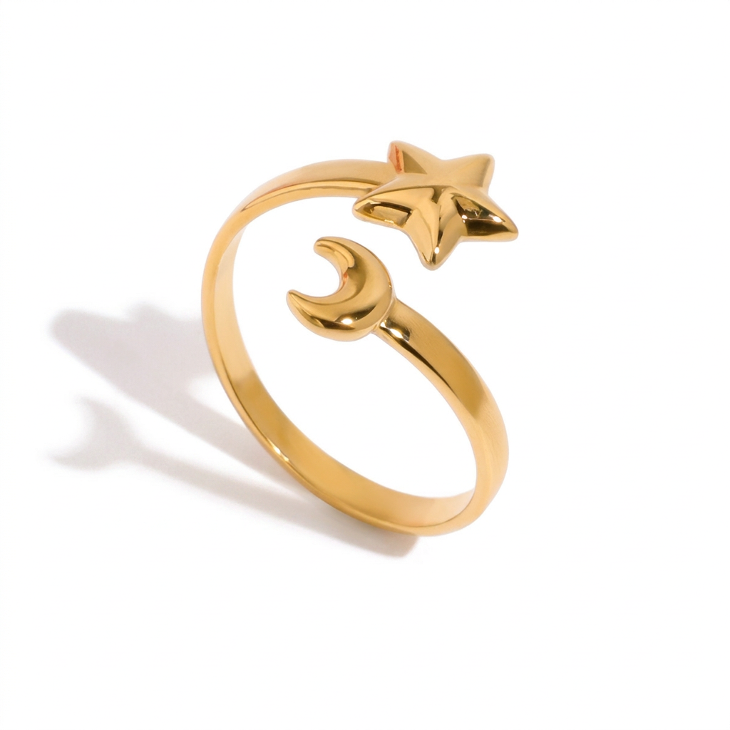 18K Gold and Silver Star and Moon Two Tone Wrap Around Cuff Ring