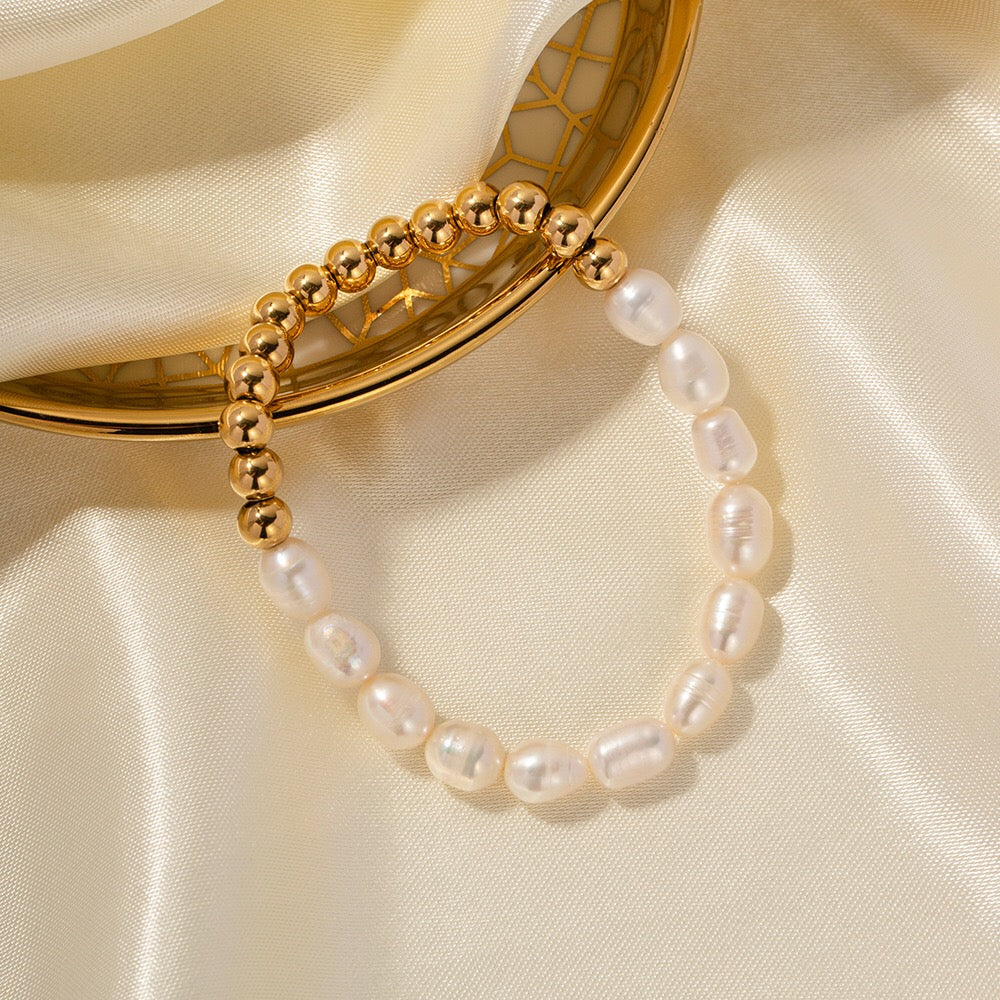18K Gold Elegant Harmony Pearl Paperclip Chain Bracelet Stack
