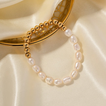 18K Gold Elegant Harmony Pearl Paperclip Chain Bracelet Stack