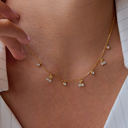 18K Gold Cherry Sprinkled Bling Dainty Necklace