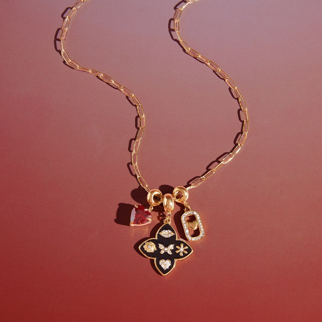 18K Gold Deep Romance Red Heart Pendant Butterfly Flower Charm Necklace