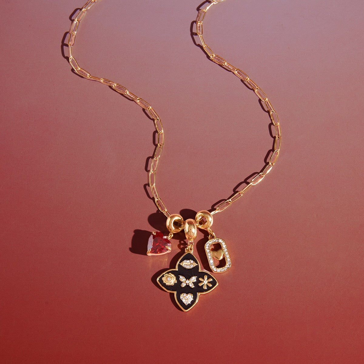 18K Gold Deep Romance Red Heart Pendant Butterfly Flower Charm Necklace