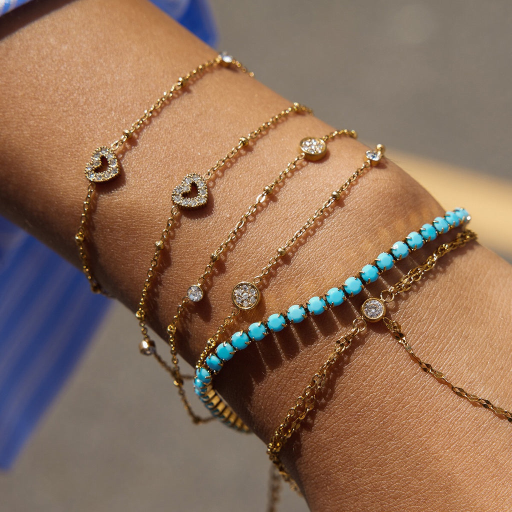 18K Gold Moonkiss Double Chain Heart Dainty Bracelet Stacks