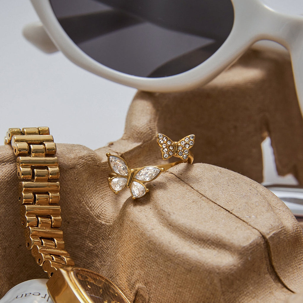 18K Gold Bejeweled Pearl Butterfly Cuff Ring