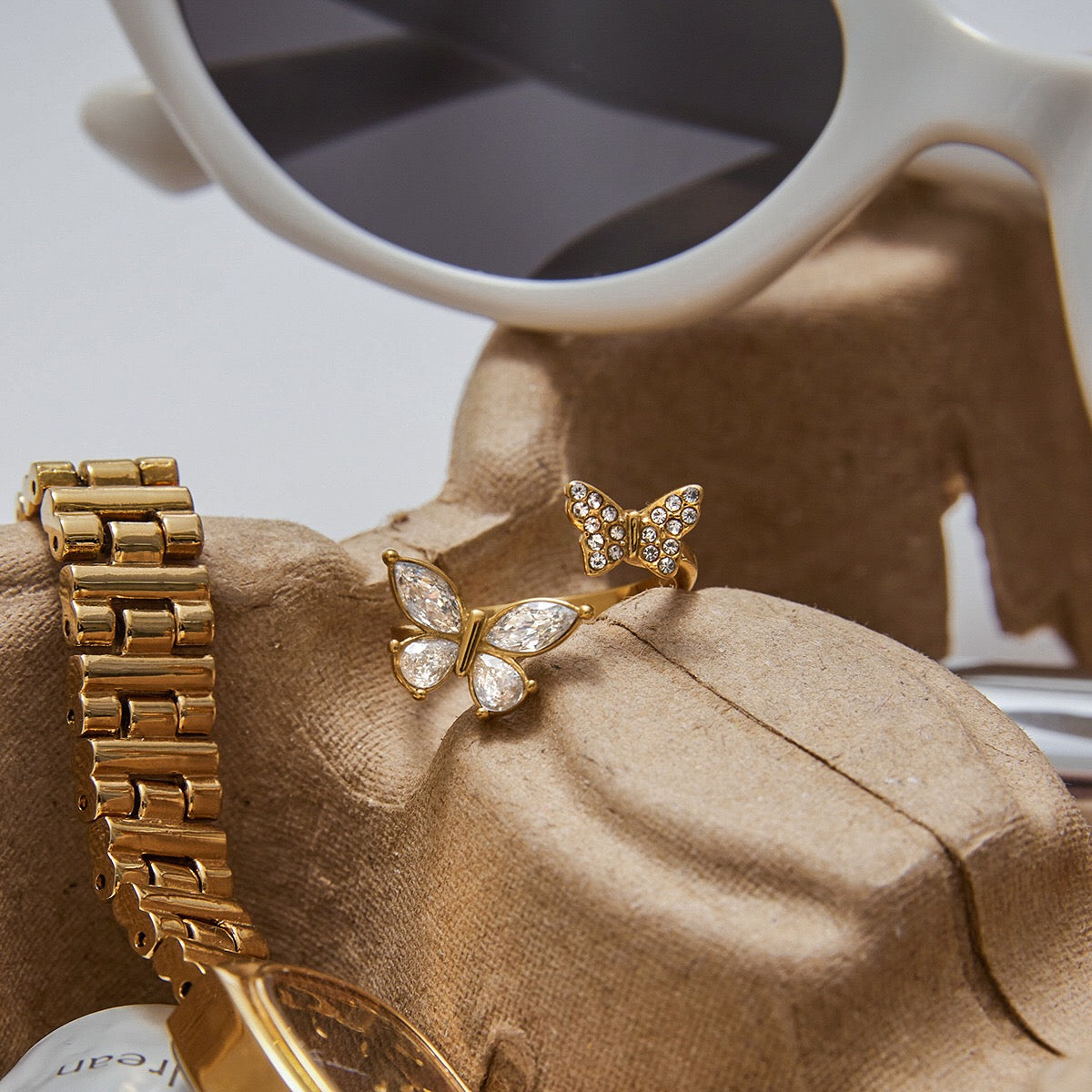 18K Gold Bejeweled Pearl Butterfly Cuff Ring