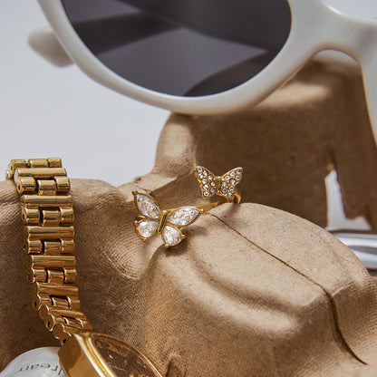 18K Gold Bejeweled Pearl Butterfly Cuff Ring