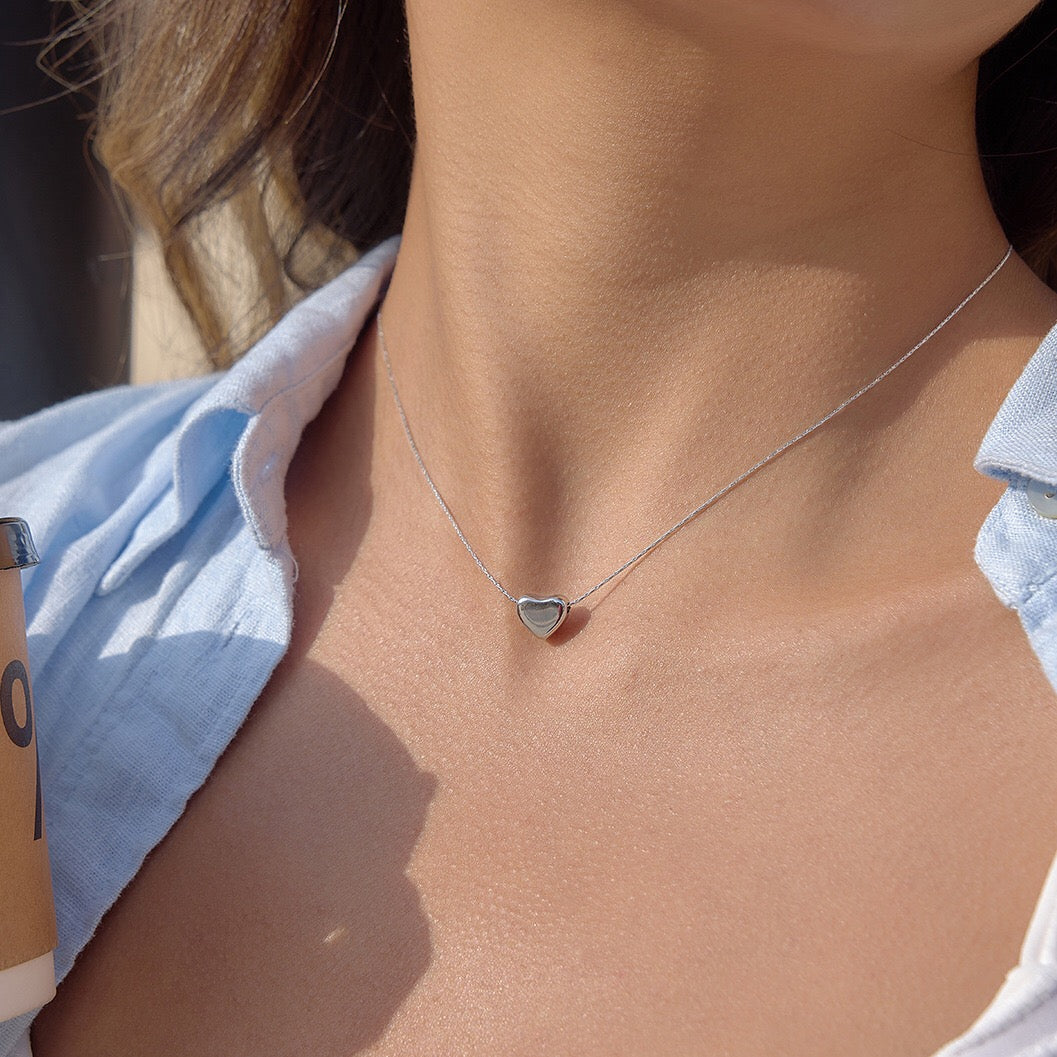 18K Gold and Silver Soft Crush Bubble Pendant Dainty Heart Layered Necklace Set