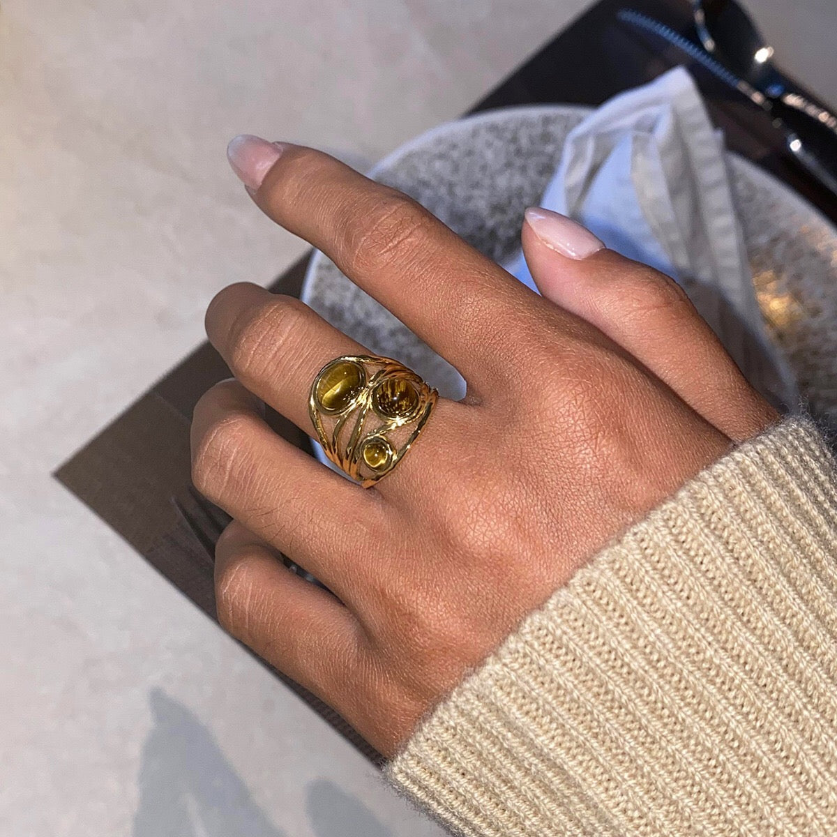 18K Gold Bold Gemstone Statement Ring