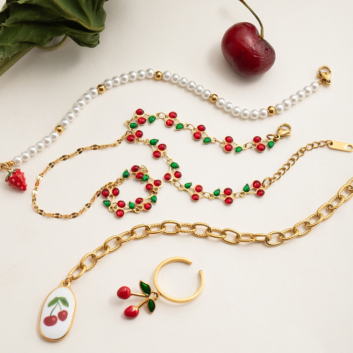 18K Gold Waterproof Red Cherry Trendy Hand Jewelry Chain Bracelet