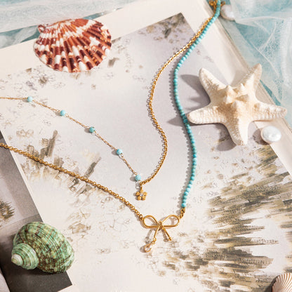 18K Gold Turquoise Beads Bow Pendant Double Chain Layered Necklace Set