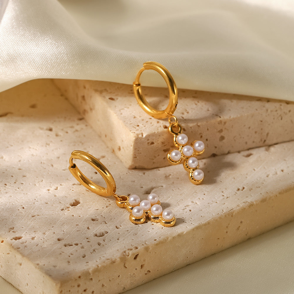 18K Gold Cross Small Hoop Huggie Earrings