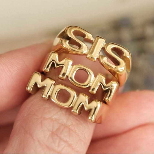 18K Gold MOM DAD BRO Letter Stacking Ring