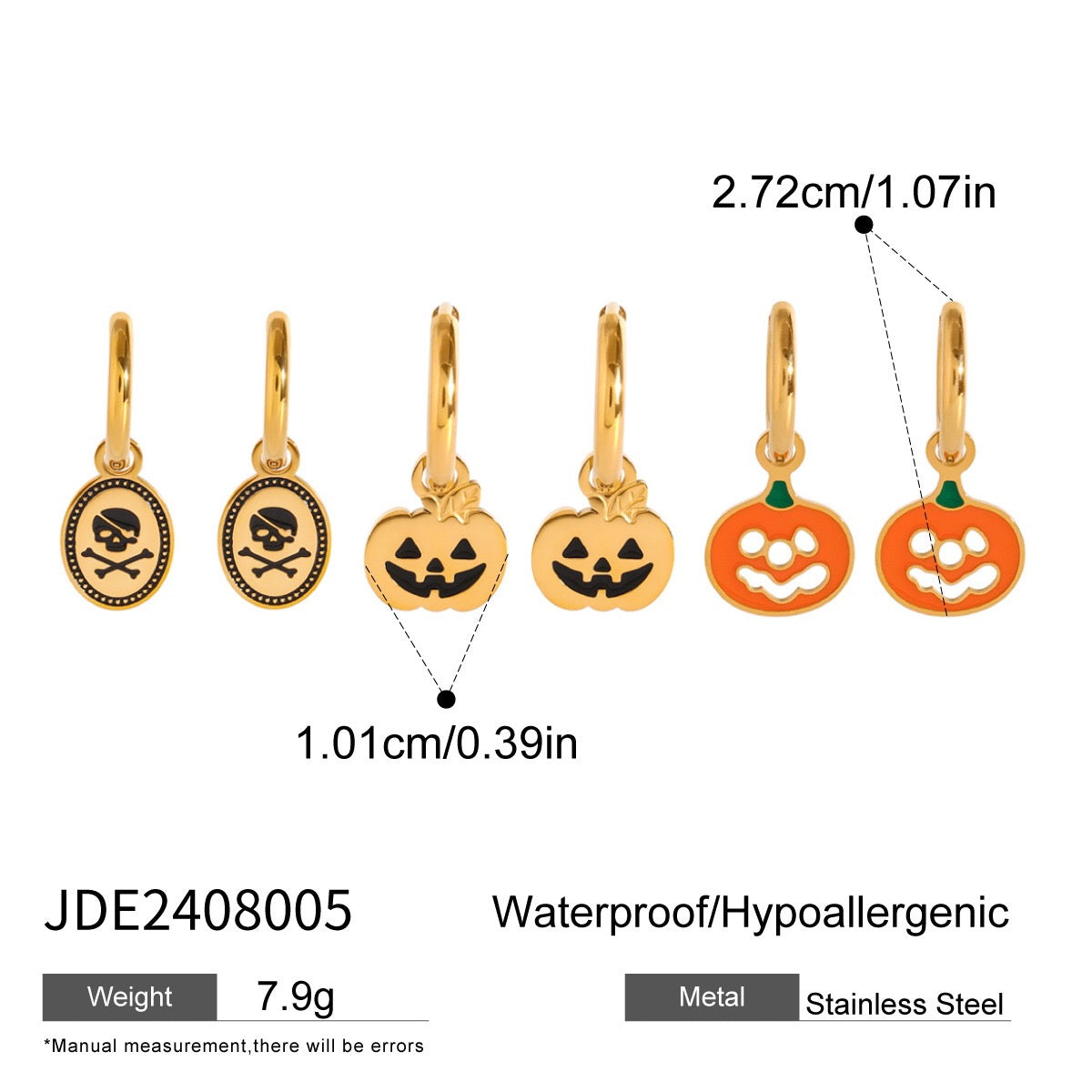 18K Gold Halloween Pumpkin Skull Small Hoop Huggie Earrings with Charm