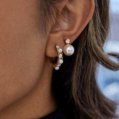 18K Gold Bling Pearl Small Hoop Huggie Earrings