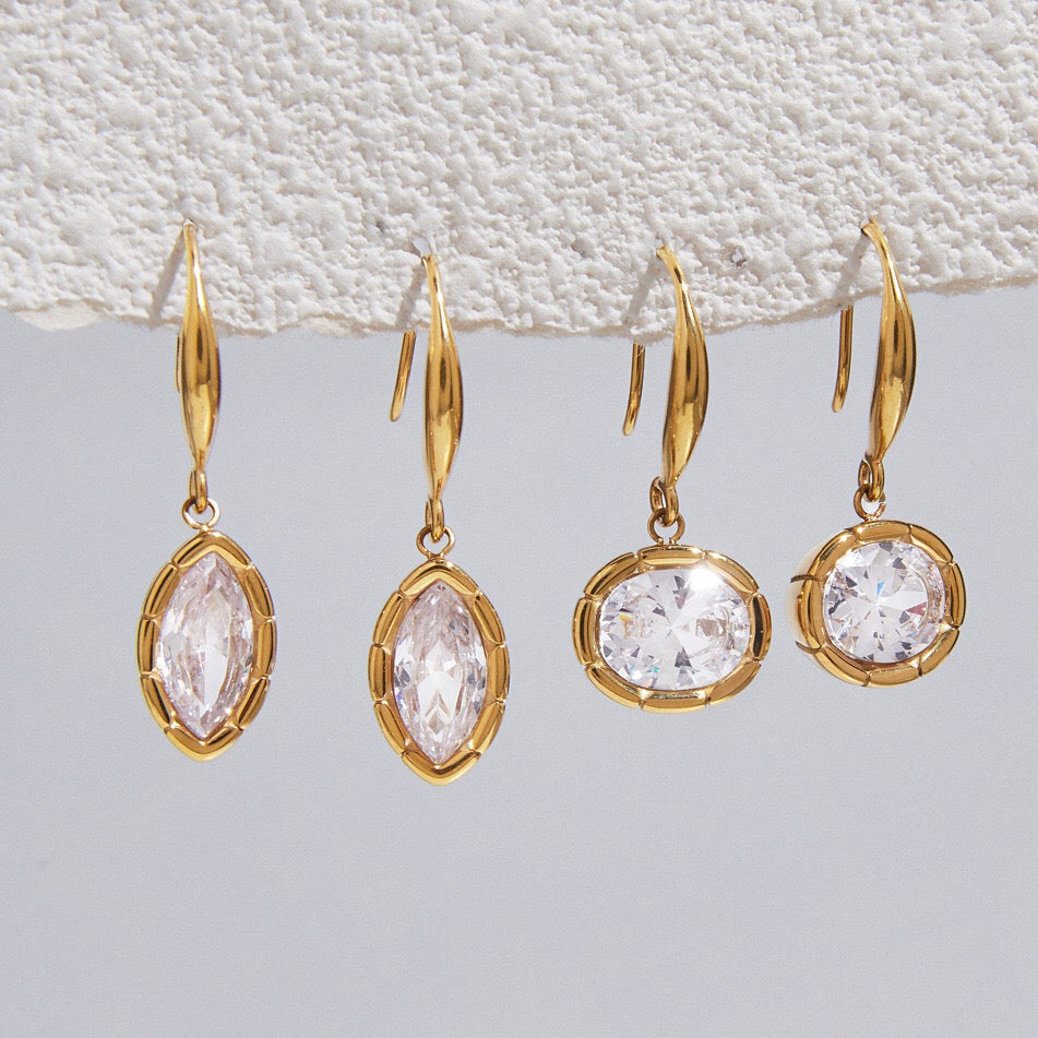 18K Gold Sway Bezel CZ Stone Dangle Earrings
