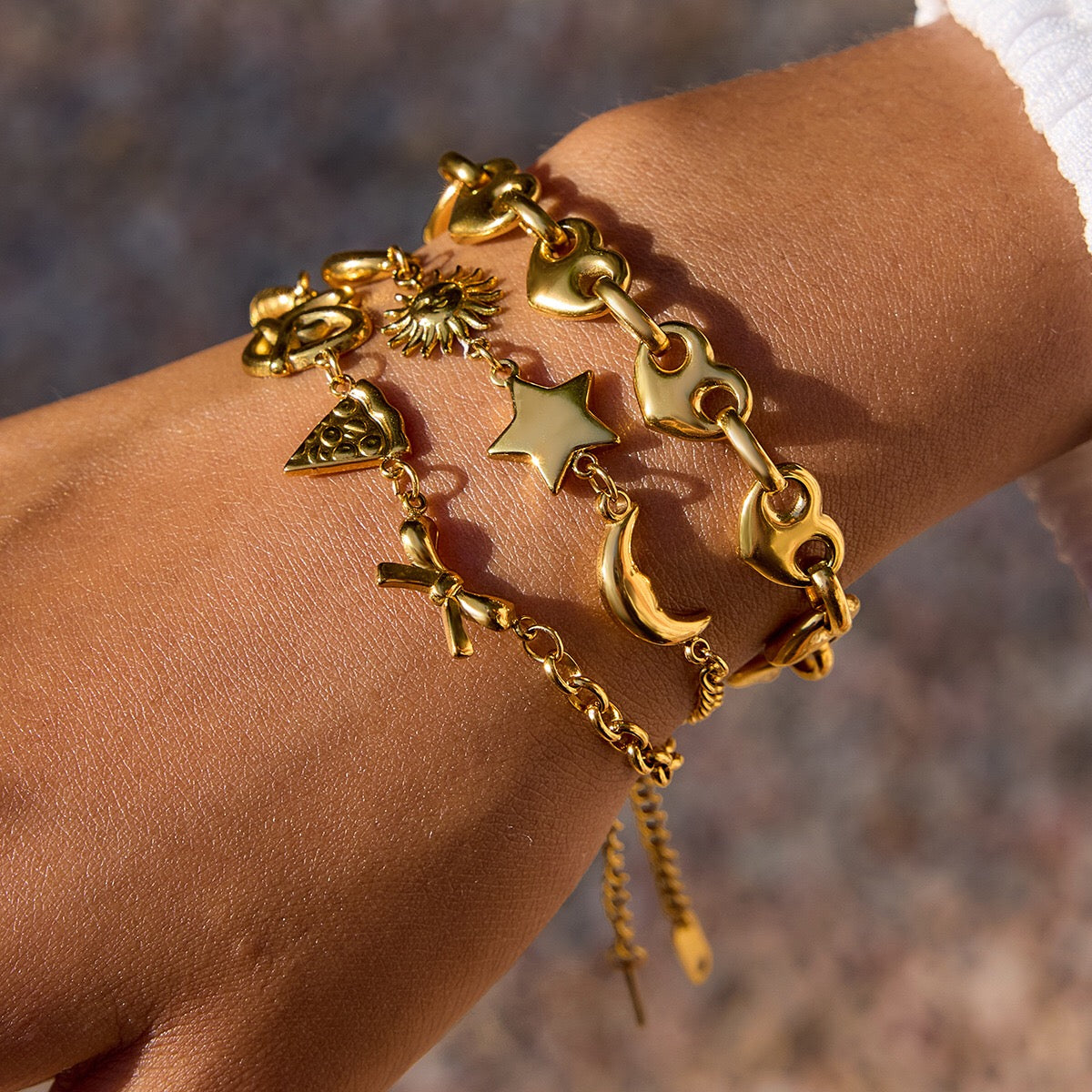 18K Gold Afternoon Tea Heart Chain Bracelet Stack