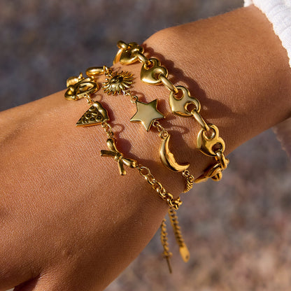 18K Gold Afternoon Tea Heart Chain Bracelet Stack