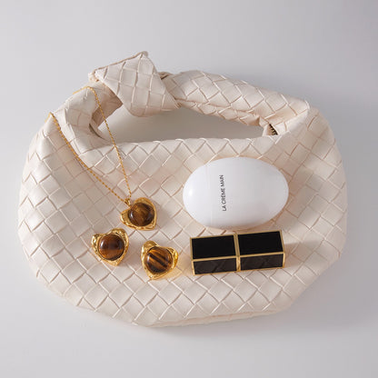 18K Gold Amber Kiss Tiger Eye Gemstone Heart Pendant Necklace