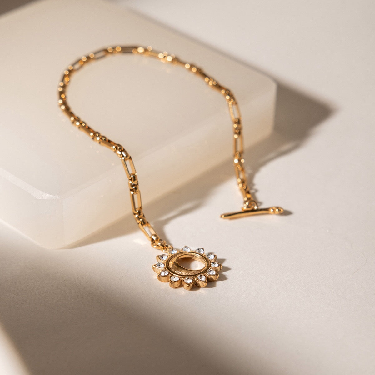 18K Gold Solstice Glow Sun Paperclip Chain Toggle Bracelet Jewelry Set