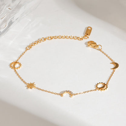 18K Gold Moon and Star Celestial Charm Chain Bracelet