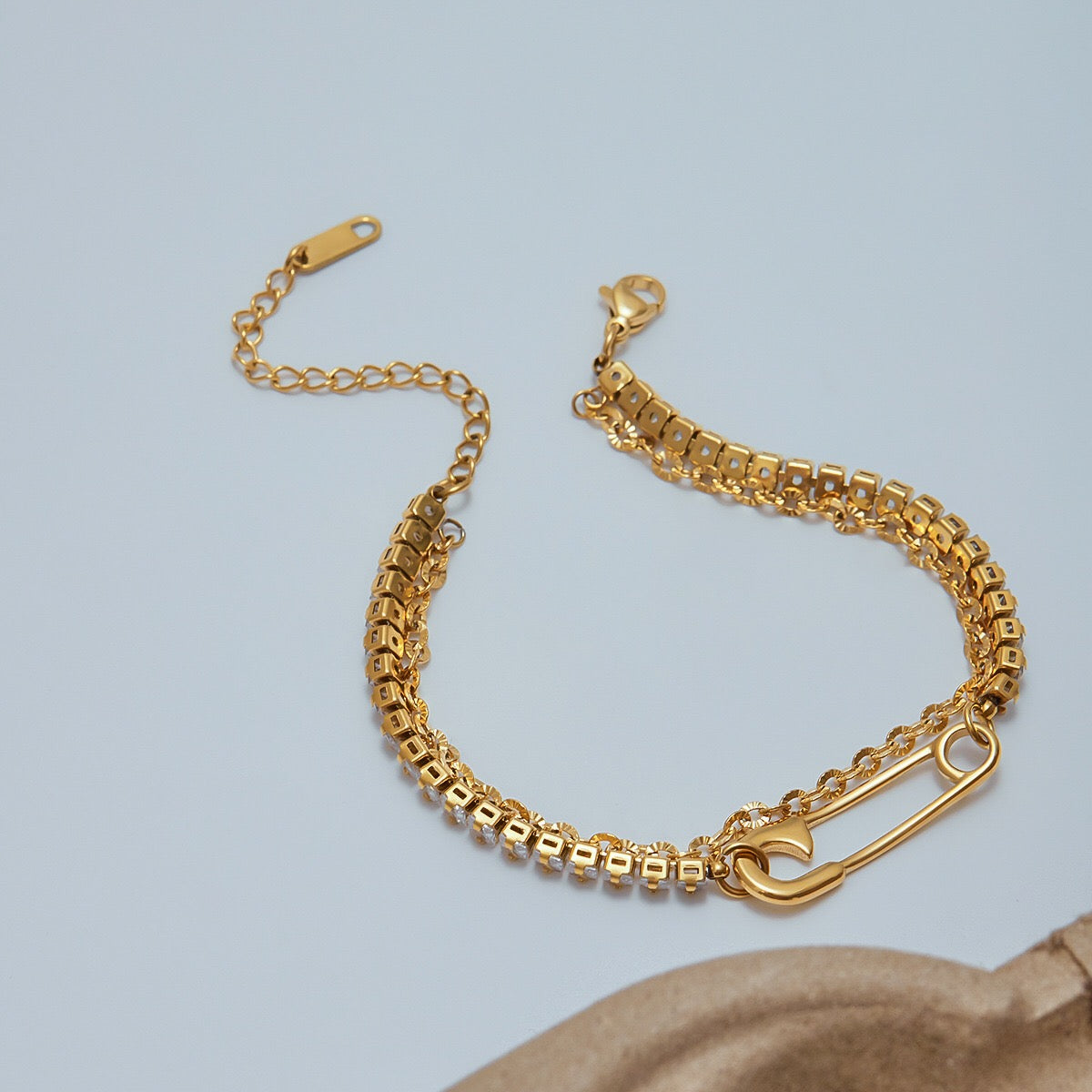 18K Gold Safety Pin Tennis Double Chain Heart Bangle Bracelet Stack
