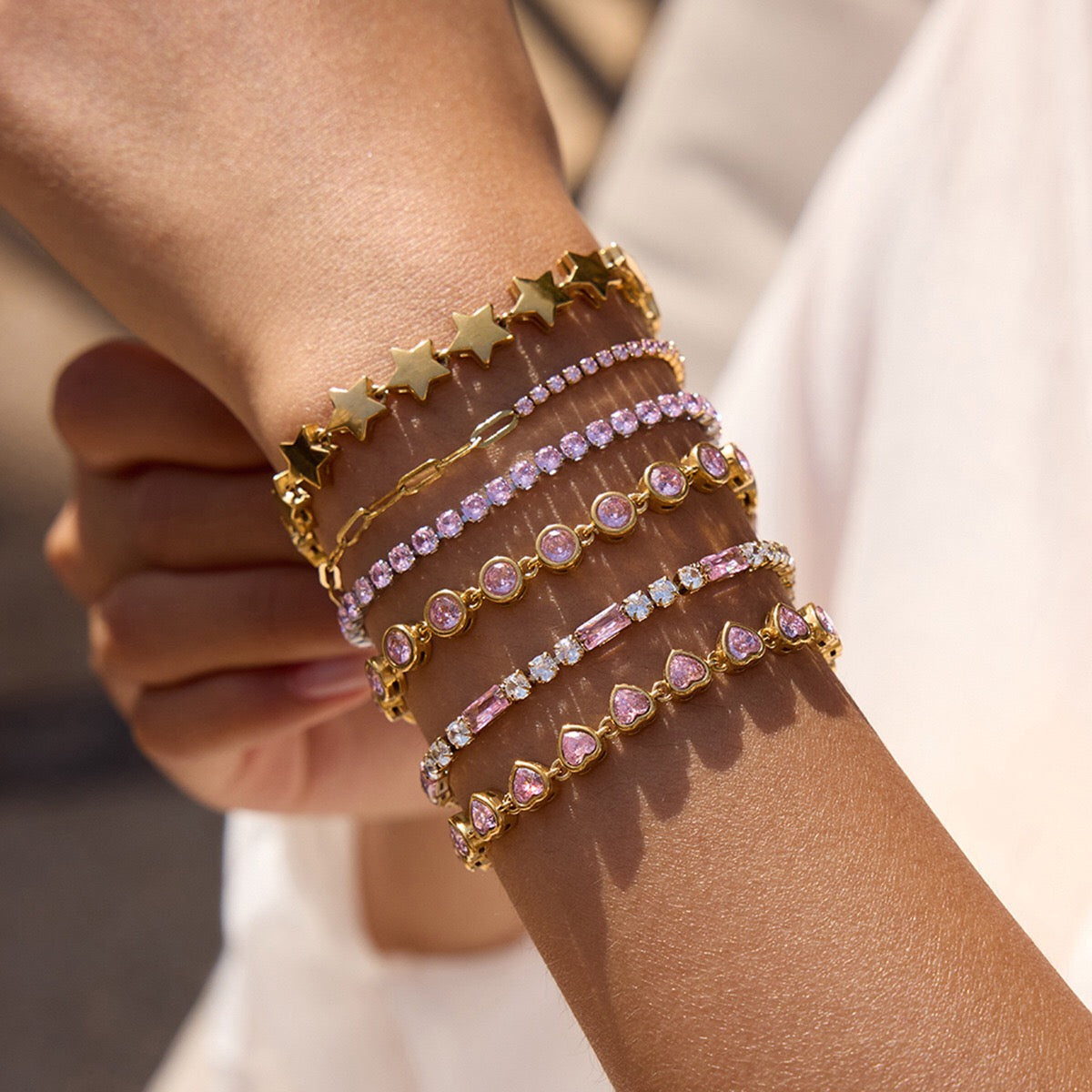18K Gold Pink Dream Star Tennis Chain Bracelet Stack
